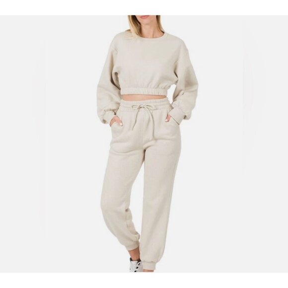 Zenana 2 Pcs Crop Sweatshirt Tracksuit High Waist Jogger Set Active Loungewear - Picture 12 of 12